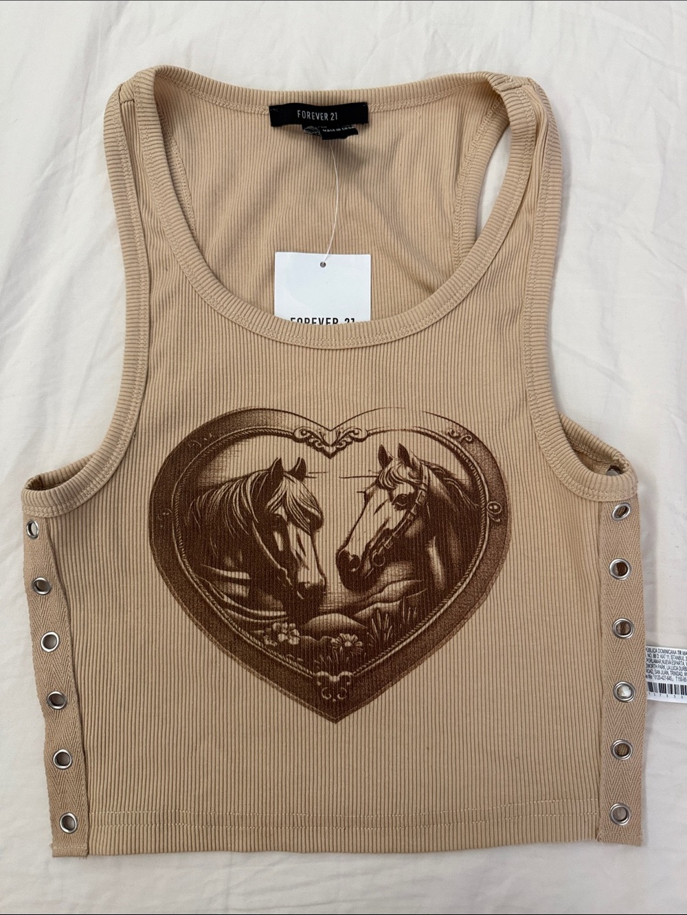 Forever 21 Tan Ribbed Tank with Brown Horse Heart Graphic | Small
